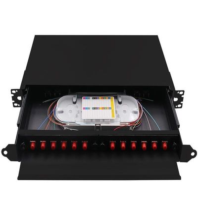 Painel de remendo preto ODF da caixa FC da terminação da fibra da montagem em rack 24Core